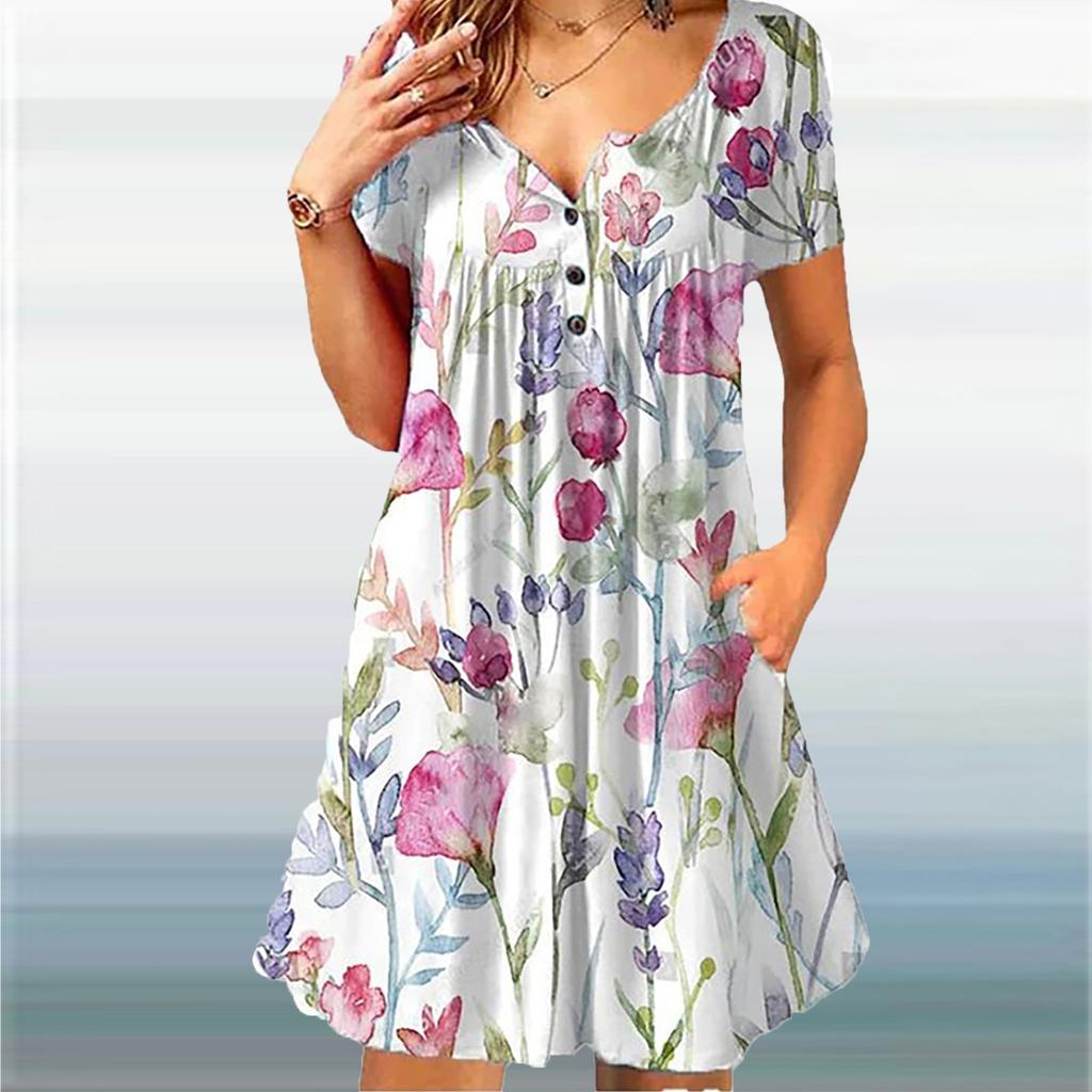 Ladies Casual Round Neck Button Ruched Trim Printed High Waist Loose Dress