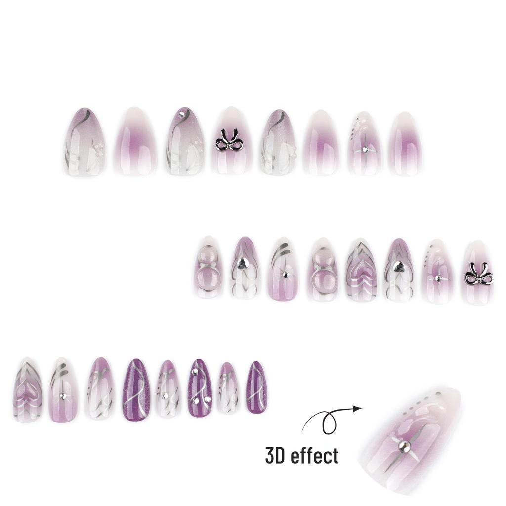 Purple Gradient Cat Eye Press-On Nails: Short Almond with Silver Glitter, Heart, and Bow Nail Art