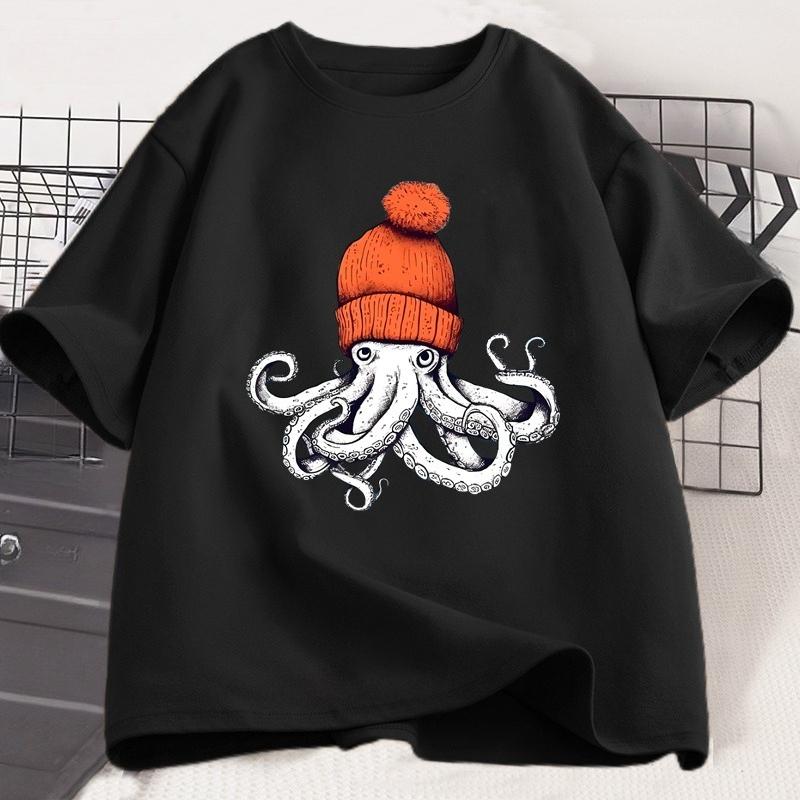 Octopus Orange Beanie Japanese Graphic Tees Casual Cotton Short Sleeve Round Neck Tshirts Uni