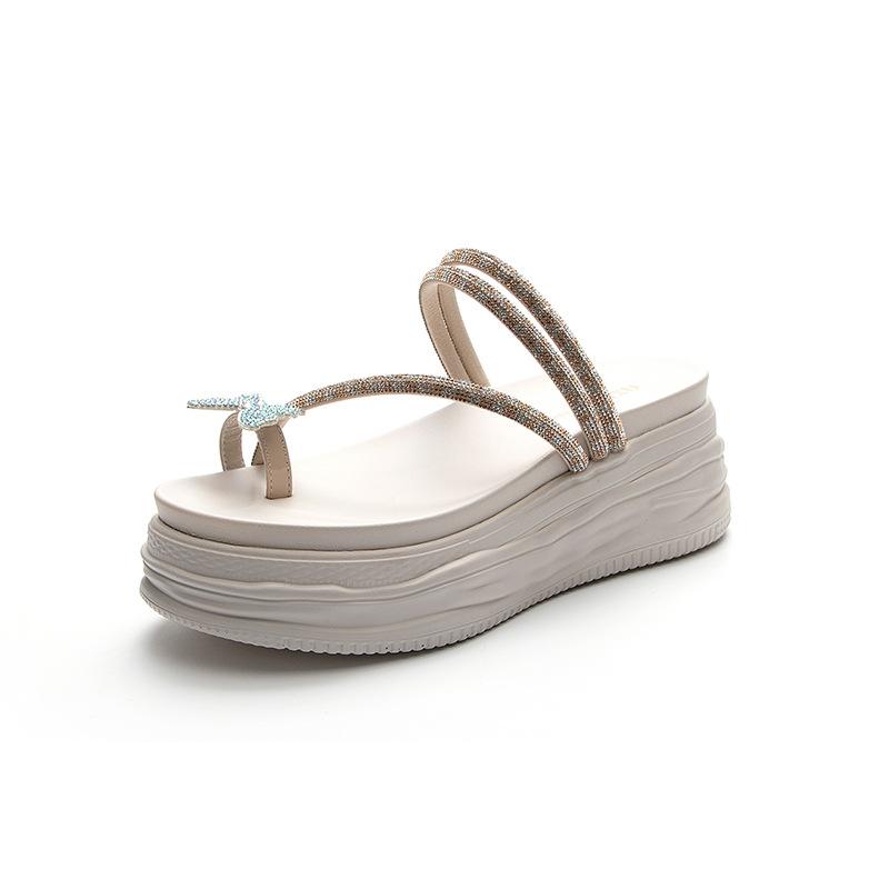 Wedge heel platform slippers women's 2025 summer new pearl rhinestone sandals platform versatile muffin women's shoes