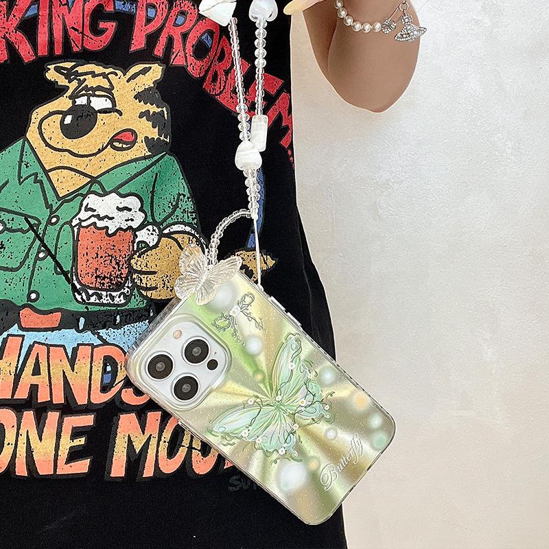 Niche Aurora Summer Green Butterfly Applicable To Apple 15 Women's IPhone 16 Mobile Case 13 Protective Case 14 Feather Yarn