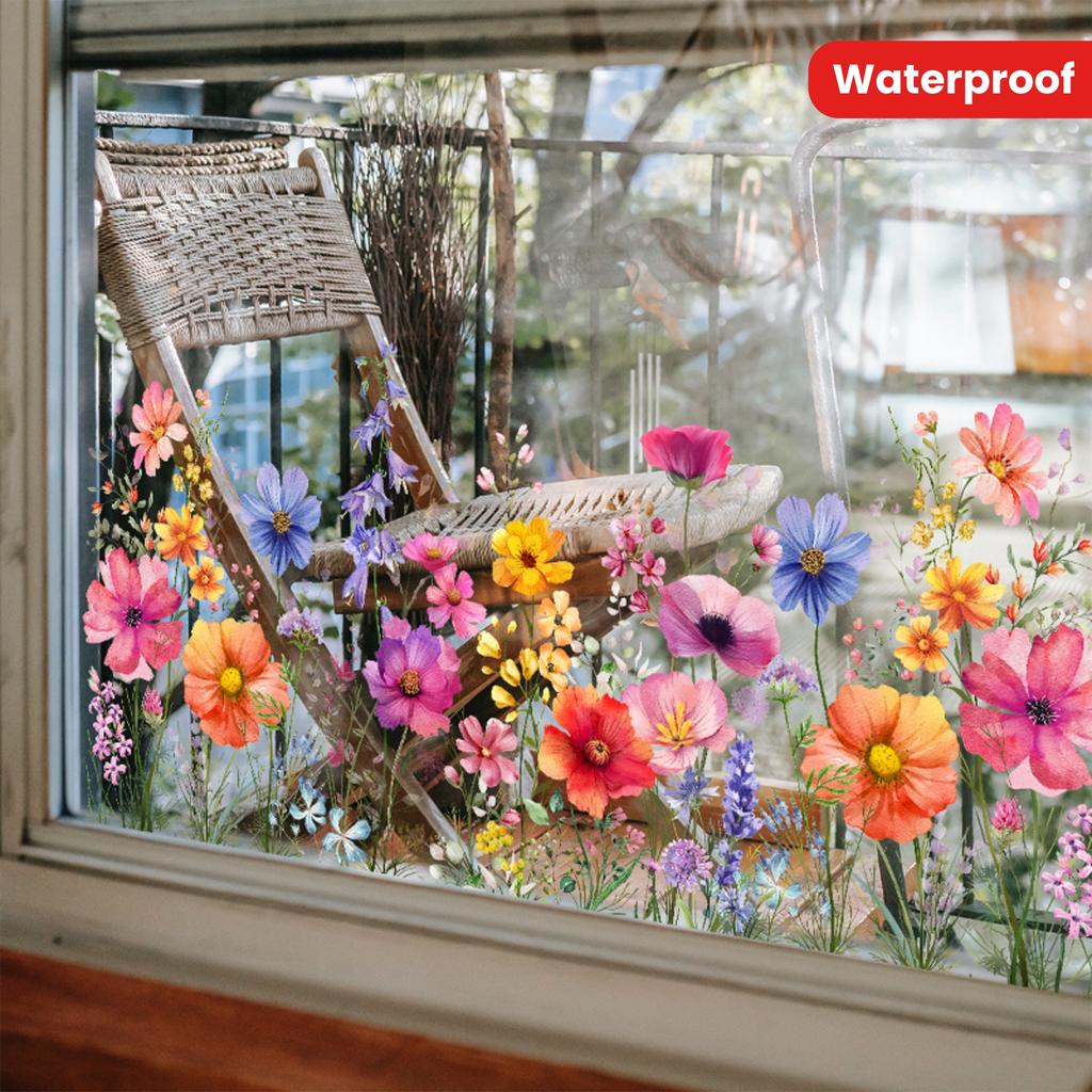 Double-Sided Static Cling Window Decal, Hand-Painted Floral Design, Removable PVC Sticker for Glass, Walls, Smooth Surfaces, Perfect for Room Decor