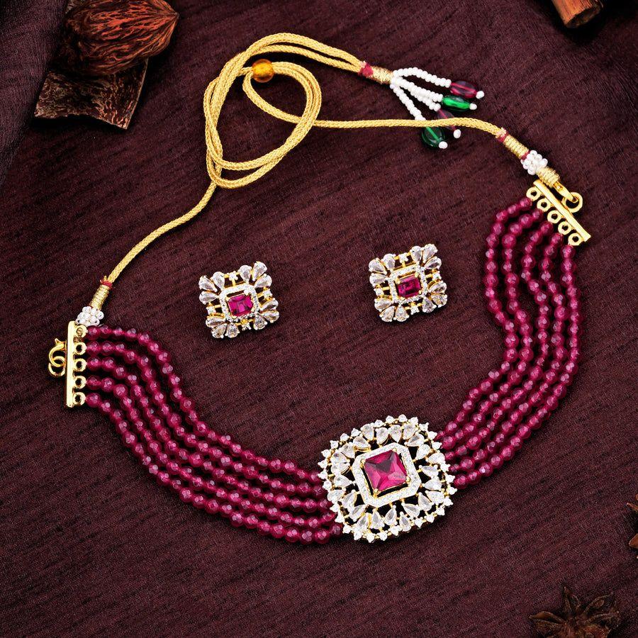 Estele vergoldetes Halsketten-Set – quadratische Halskette mit Rubindiamanten und roten Perlen