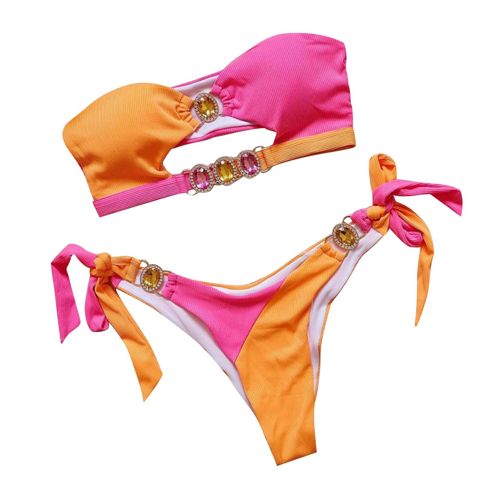 

Женский купальник-бикини с кристаллами и бриллиантами и лоскутным купальником без бретелек с разрезом на бретельках S шафрановый