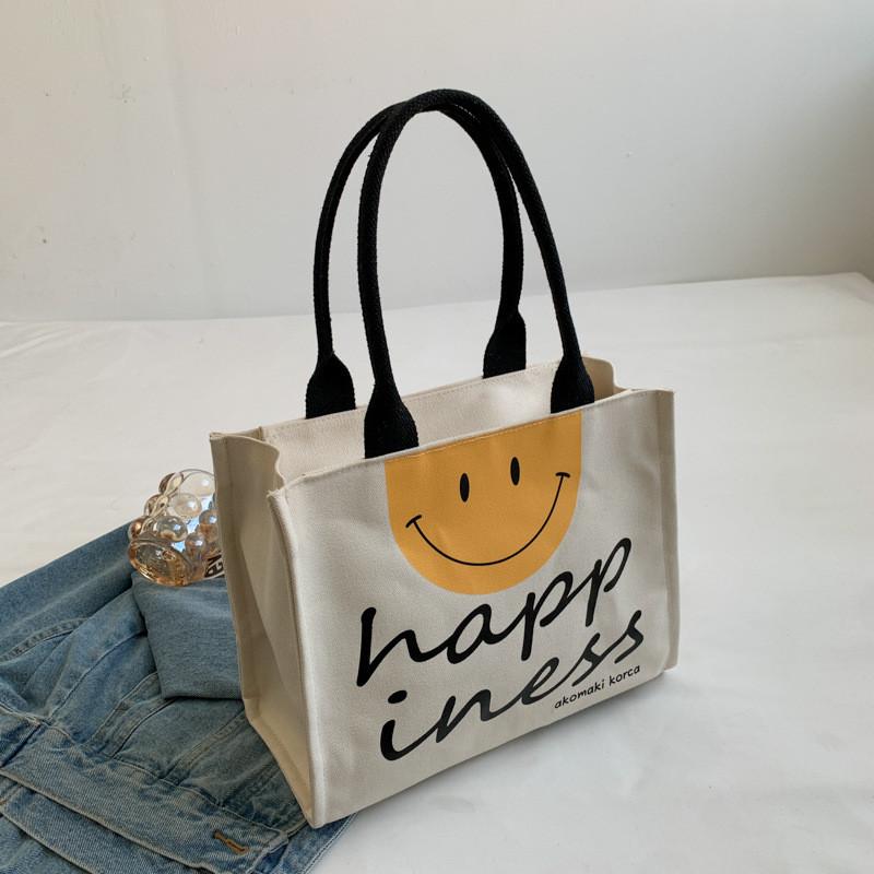 Happy Face Print Tote Bag Fashion Canvas Shoulder Bag Large Capacity Handbag For School Travel Shopping Premium