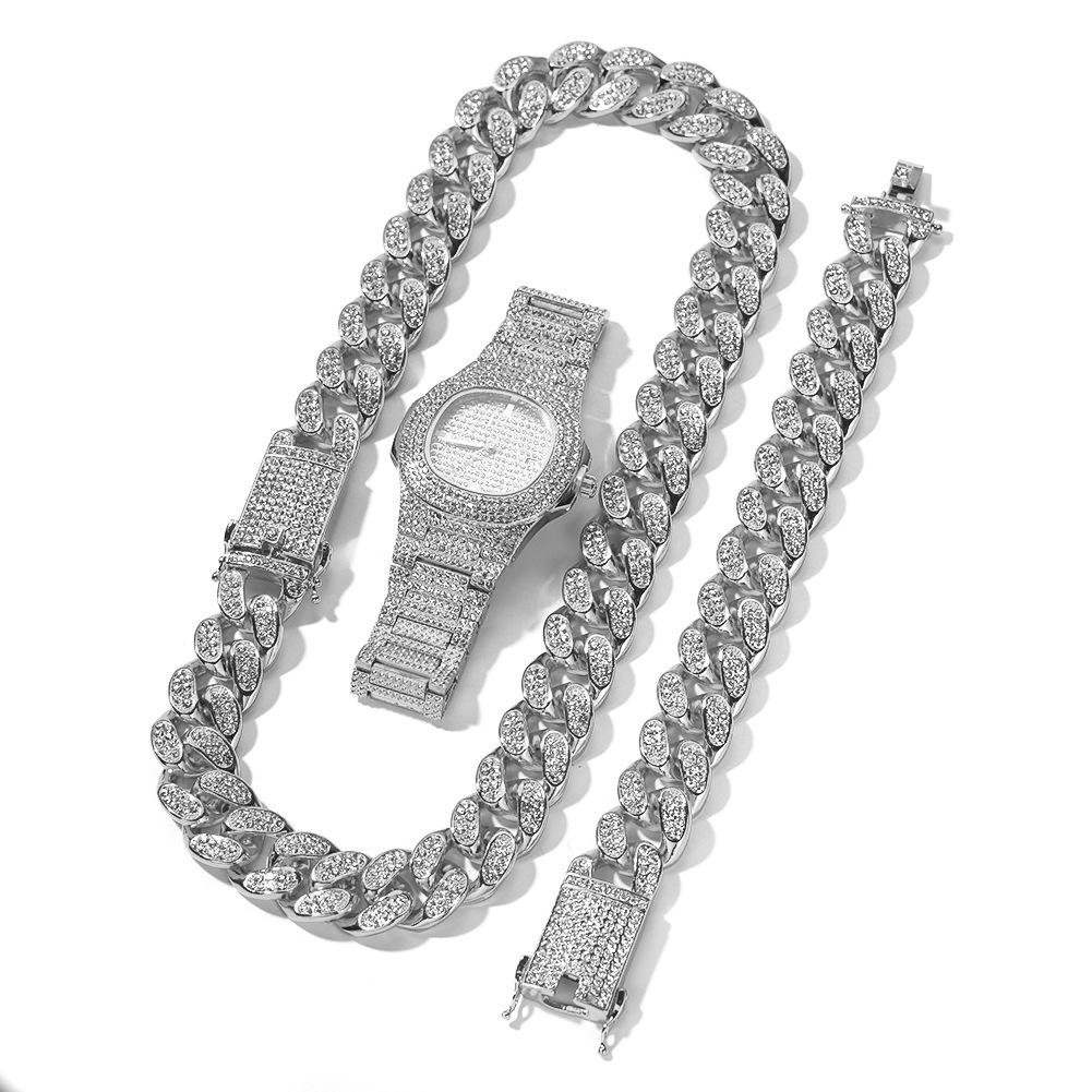 Hip Hop Men Bling Iced Out Gold 20mm Watch Bracelets Necklace Cuban Link Chain Set Watch Necklace Bracelet Jewelry Set