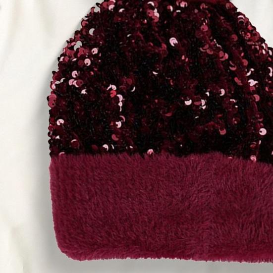 Women Knitting Hat Plush Ball Decor Shiny Sequins Decor Brimless Hat Winter Warm Furry Bucket Hat Headwear