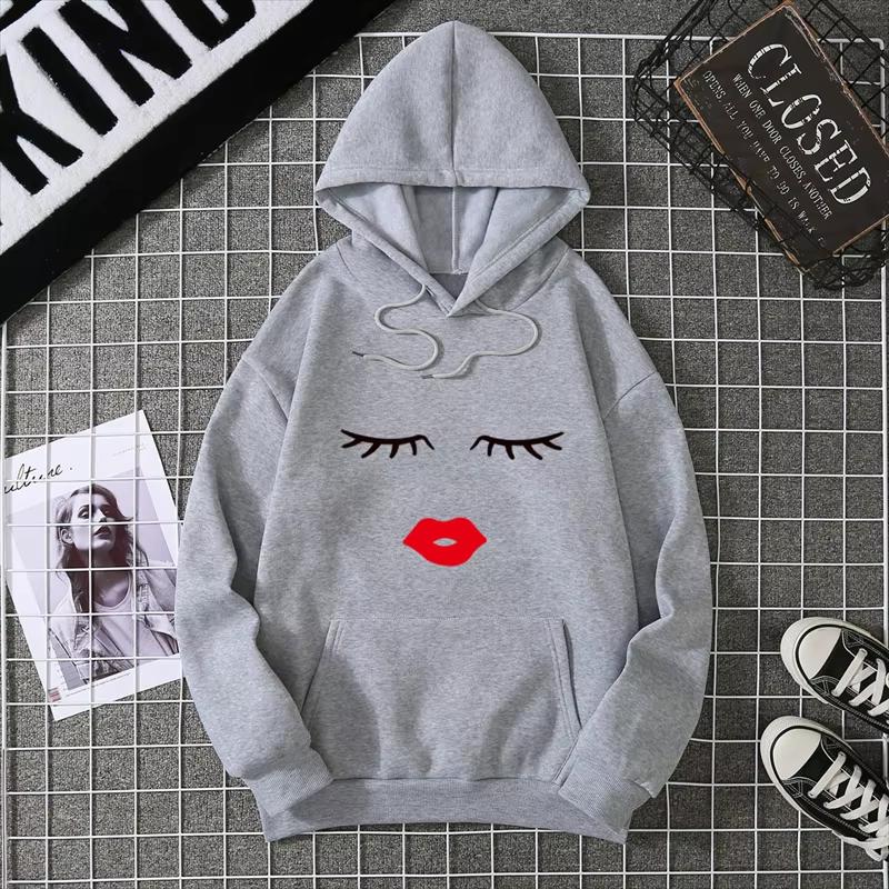 2025 Pretty Cute Eye Lashes Red Lips Print Women Hoodie Summer Casual Short Sleeve O Neck t-shirt Ladies White Hooded Sweatshirt