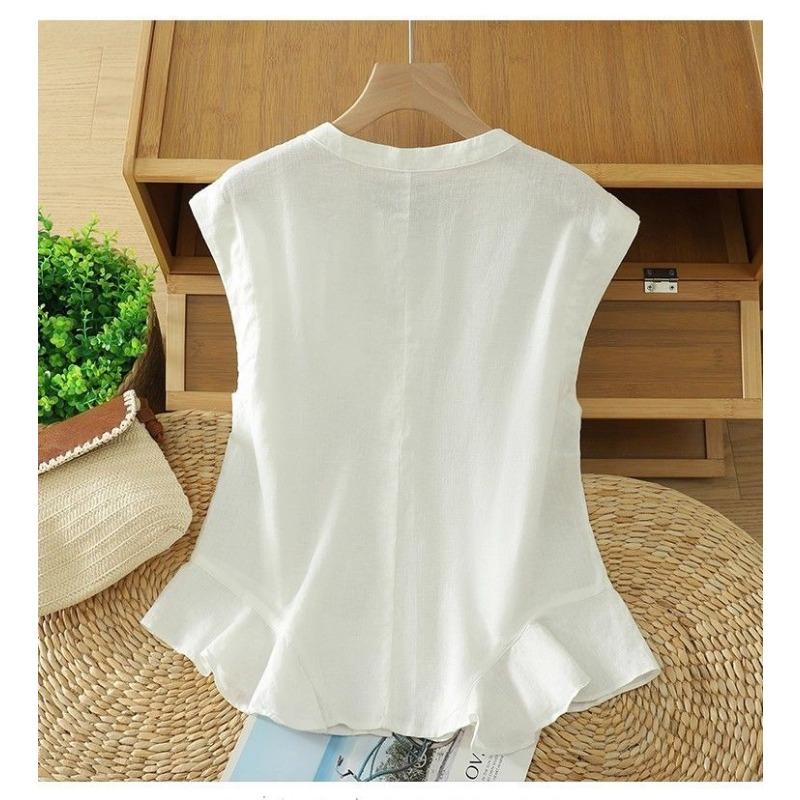 Women Yellow Linen Blend Sleeveless Blouse With Ruffle Hem And Button Down Casual Summer Top