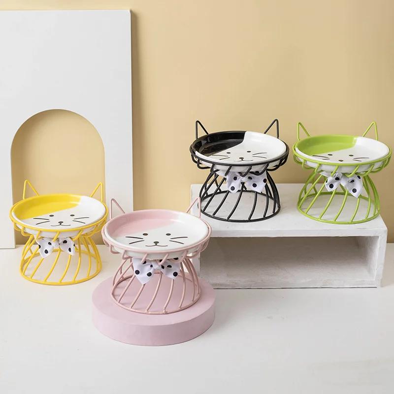 Katzennapf aus Keramik mit hohem Fuß und Nackenschutz, Futternapf mit flacher Öffnung, großkalibriger Futternapf für Haustiere