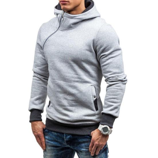 Autumn Winter Men Hoodie Slant Zipper Contrast Color Patchwork Pullover Thick Slim Fit Hooded Sweatshirt Streetwear