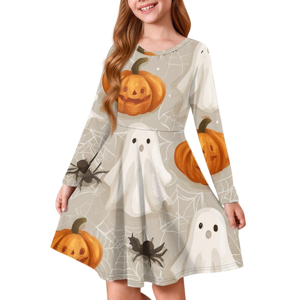 Girls' Summer Princess Dress Halloween Day- Long Sleeve A-Line T-Shirt Dress