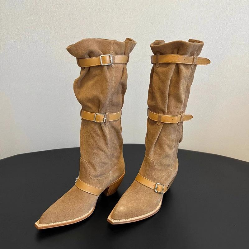 Cowhide version pointed pile boots niche design retro western cowboy boots thick heel hot girl fashion sense long boots women