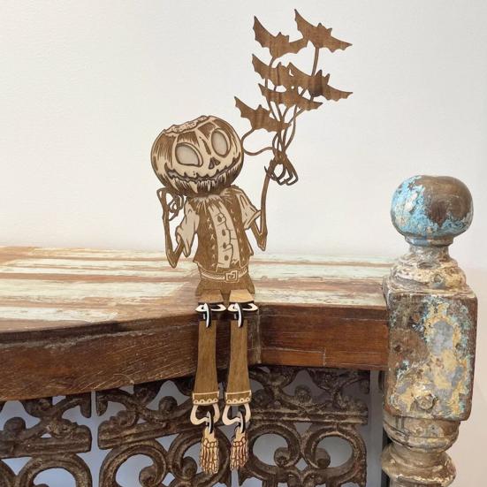 Articulated Pumpkin Man Halloween Decoration Spooky Wooden Pumpkin Skeleton Tabletop Ornament for DIY Home Office Decor