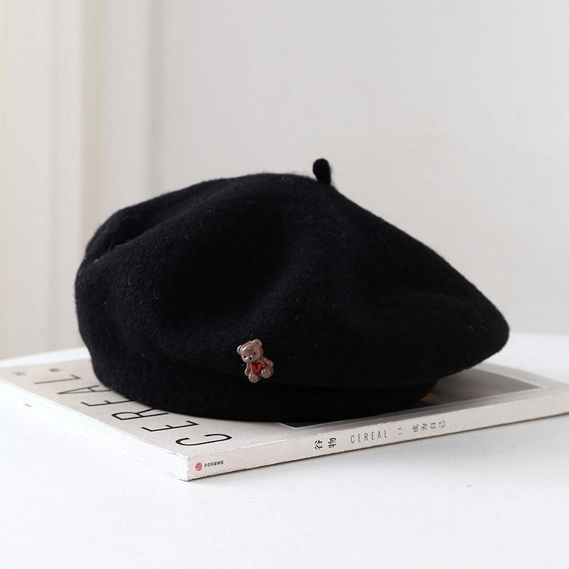 Winter Hats Woman Wool Beret Cartoon Bear Retro Painter Cap Women Octagonal Beanie