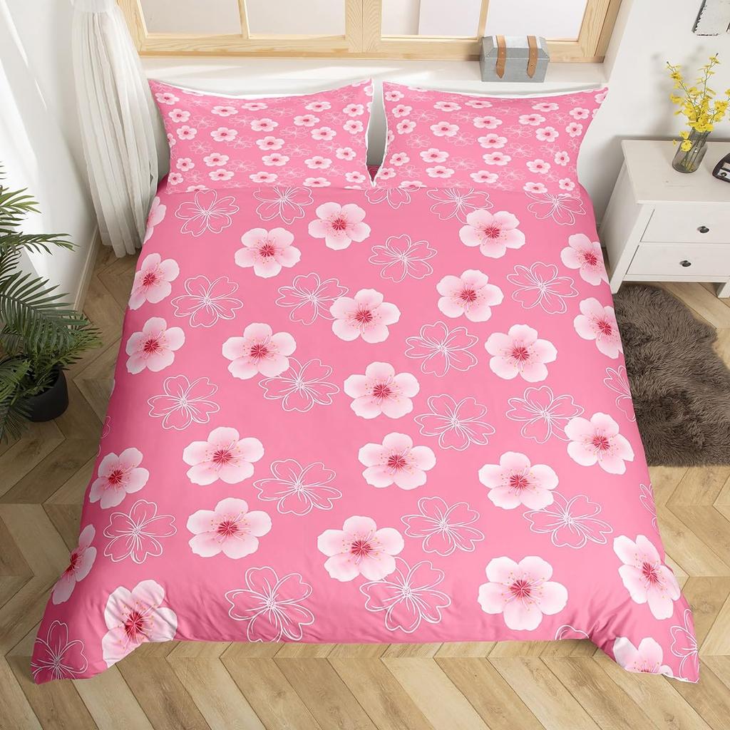 Cherry Blossoms Bedding Set for Boys Girls Japanese Style Floral Botanical Comforter Cover Twin King Sakura Flower Duvet Cover