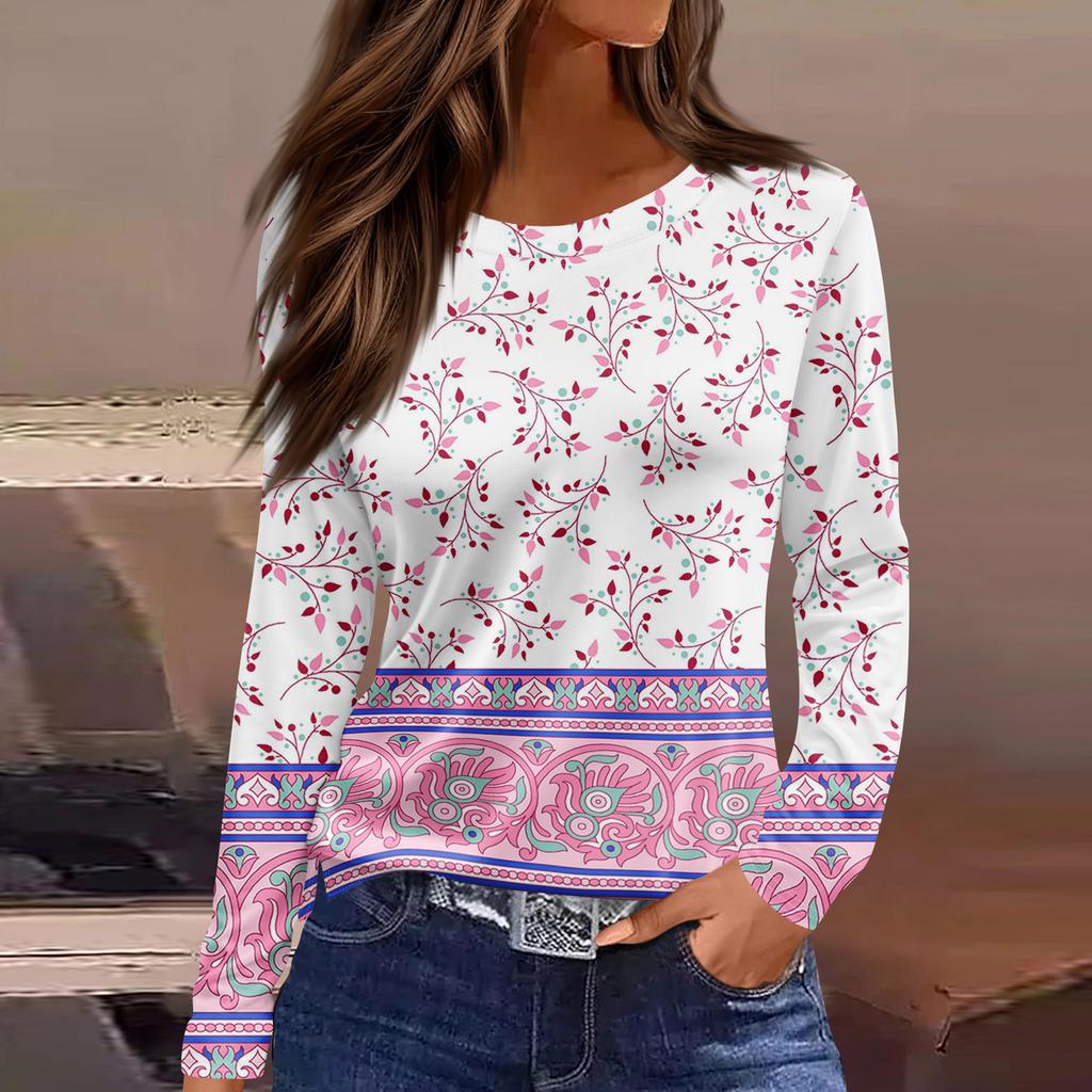 Damska modna, swobodna, rozcięta na dole, okrągły dekolt, długi rękaw, luźny, nadrukowany T-shirt