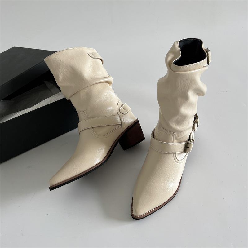 Fashion Autumn Winter Women Western Cowboy Boots Vintage Slip On Thick Heel Shoes Ladies Mid Calf Botas Zapatos De Mujer