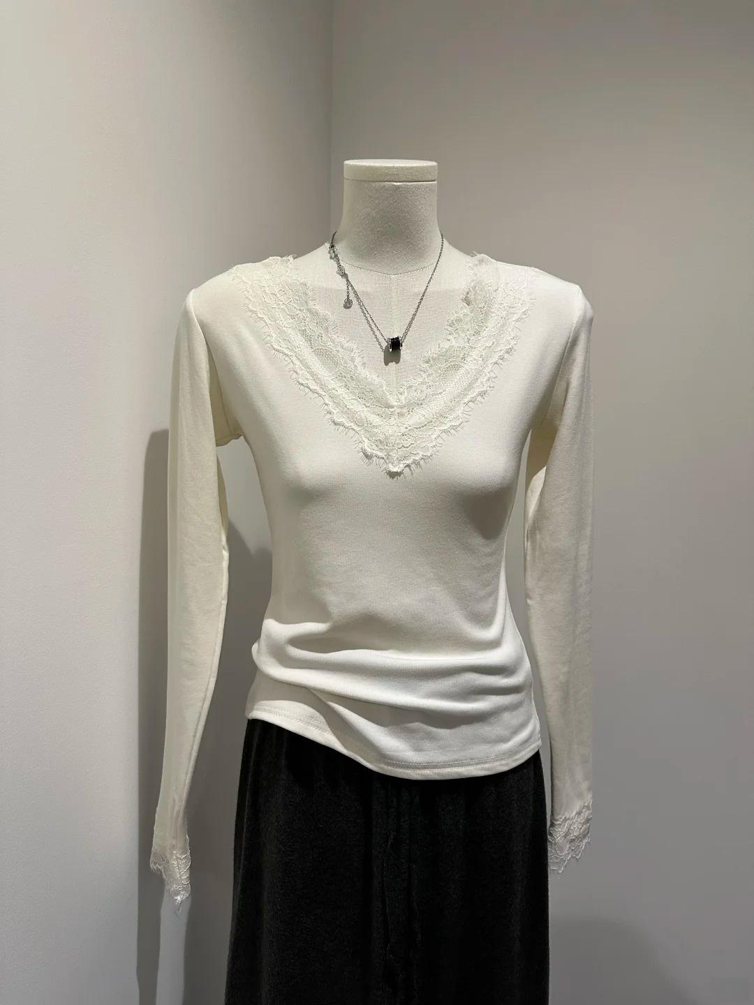 Sweet & Spicy Lace Patchwork V-Neck Slimming Long-Sleeve Women s Top for Fall/Winter L белый