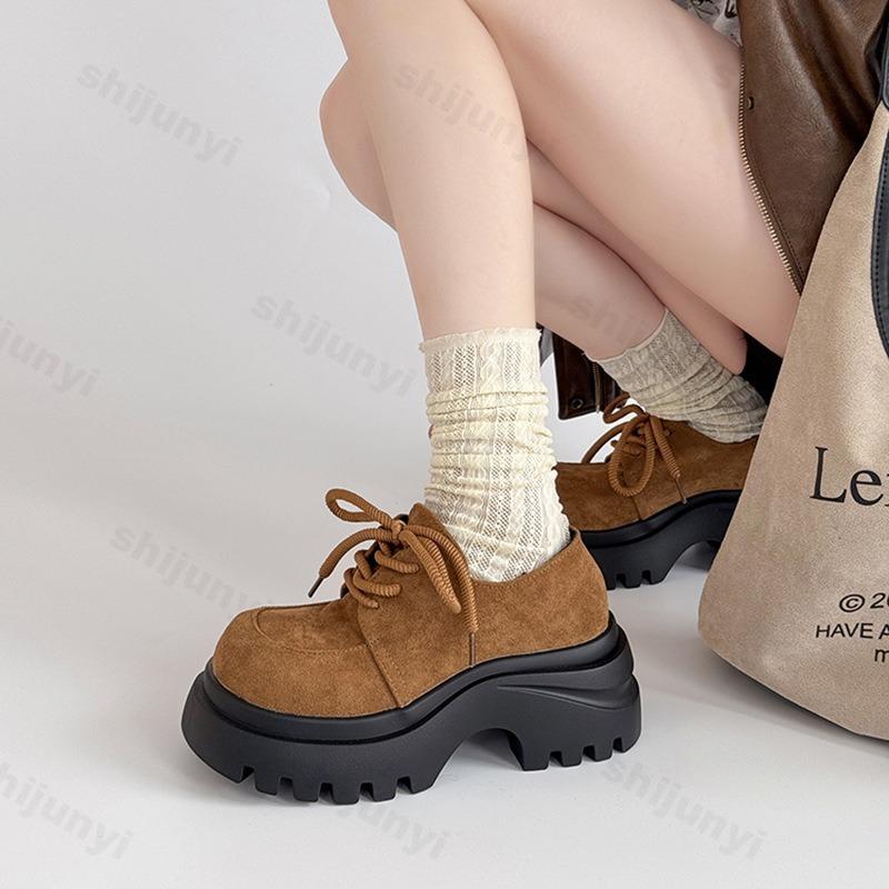 Retro Solid Low Top Thick Soled Lace Up Single Shoes for Women's  Autumn New Fashion Versatile Comfortable Platform Loafers