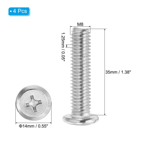 PATIKIL 8-Piece Round Head Phillips Head Machine Screws, M8-1.25 x 35mm, 304 Stainless Steel, 18-8 Full Thread, Connector Bolts for Machinery and Furn