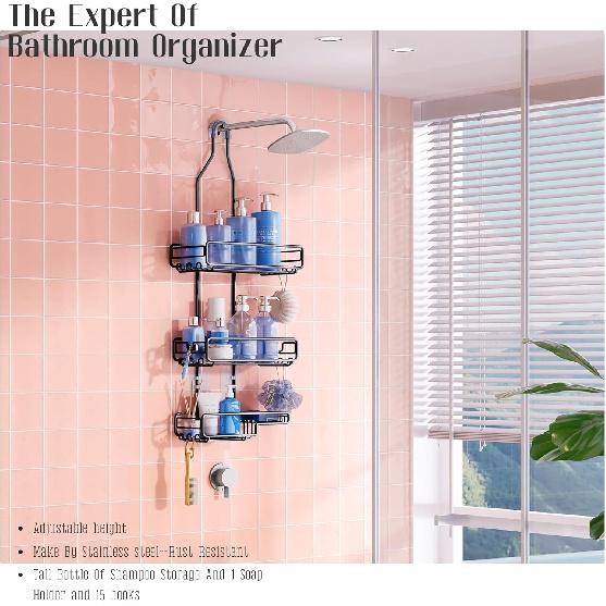 Shower Caddy Hanging Bathroom Organizer: Over Head Adjustable Rack for Tall Showerhead - Extra Large Storage Shelf for Big Shampoo Bottles with Soap
