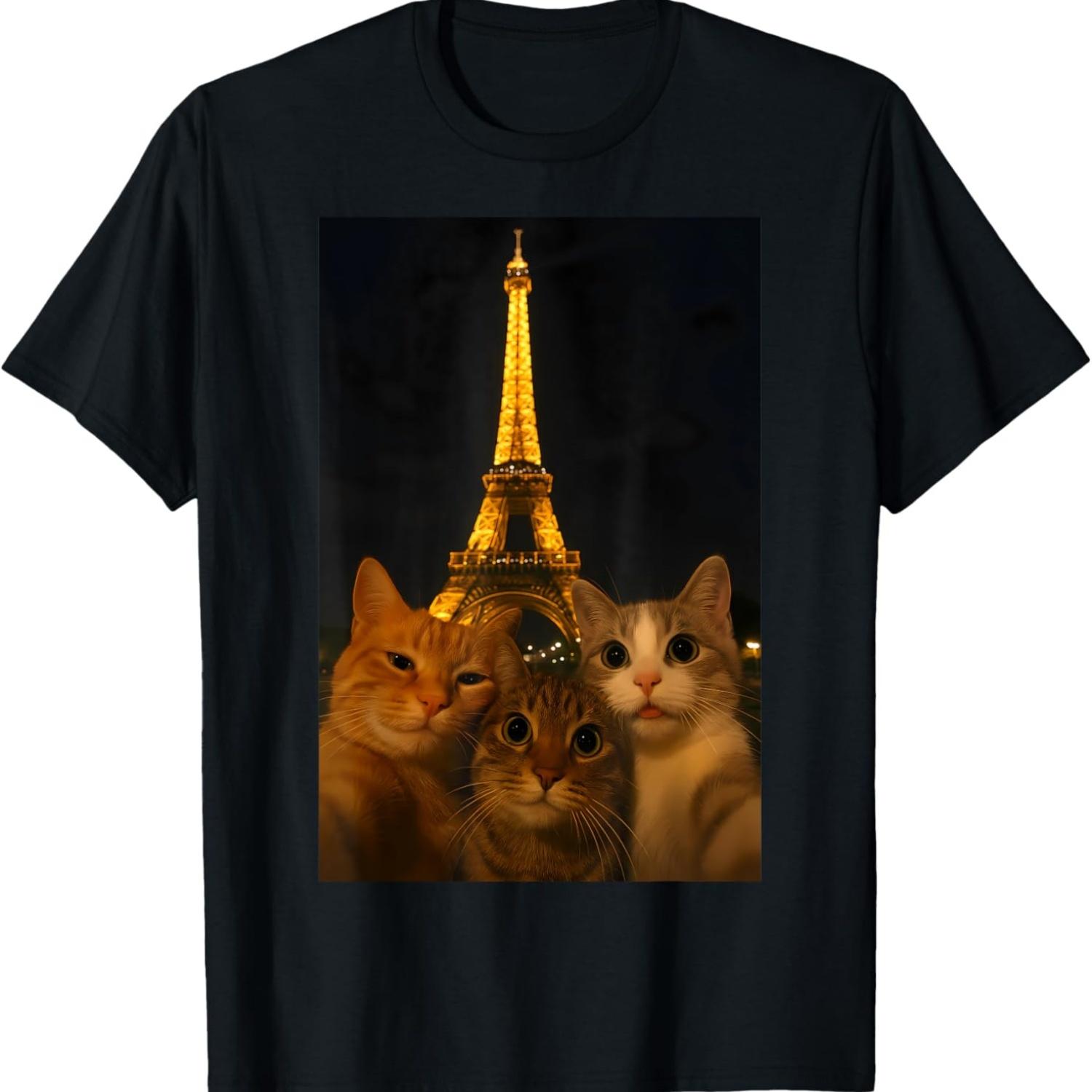 Funny Cat Graphic Tees Eiffel Tower Selfie Meme Cat T-Shirt S