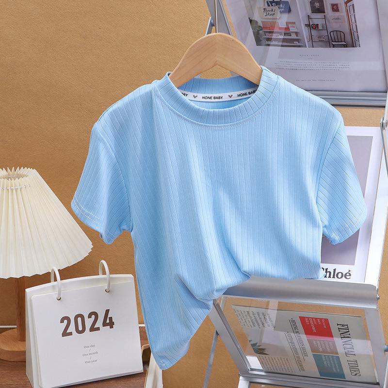 Kids' Summer Ice Silk Short-Sleeve Solid Top: Round Neck, Fashionable and Versatile for Boys and Girls