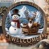 Christmas Wooden Welcome Sign with Snowman & Elk Pattern - Navidad Round Sign for Front Door, Wall Hanging Decor - Ideal Christmas Ornament