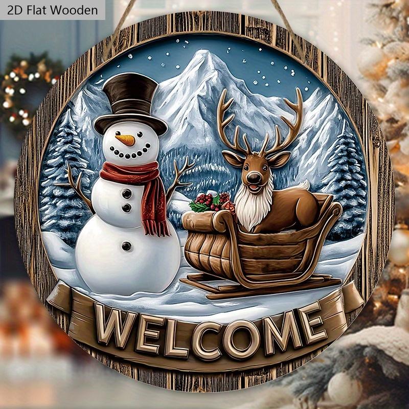 Christmas Wooden Welcome Sign with Snowman & Elk Pattern - Navidad Round Sign for Front Door, Wall Hanging Decor - Ideal Christmas Ornament