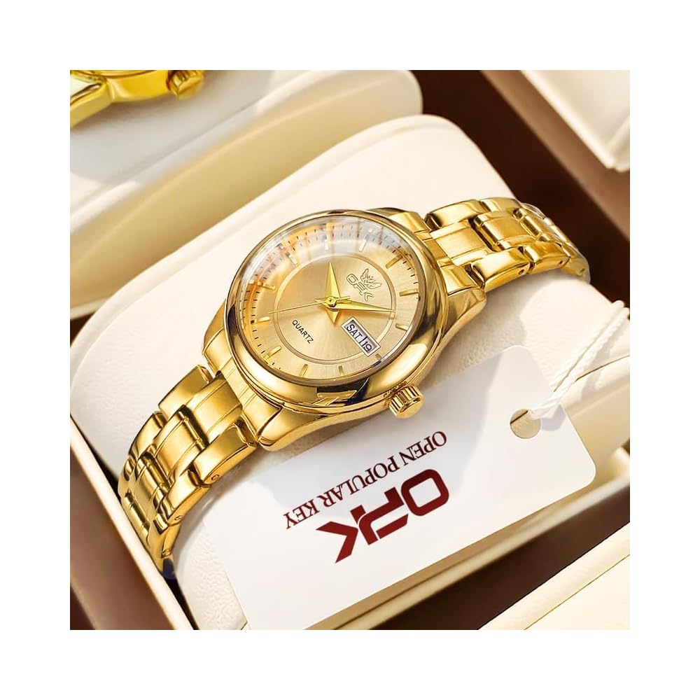OPK Women's Quartz Watch Classic Dial Stainless Steel Band 30M Water Resistant Lightweight Business Watch Gold