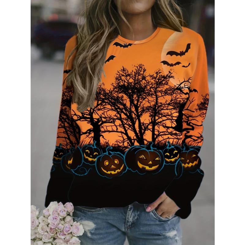 Women's Long Sleeve T-shirts Halloween Theme Black Cat Graphic Streetswear Polyester Tops Casual Pullover Women's Clothing