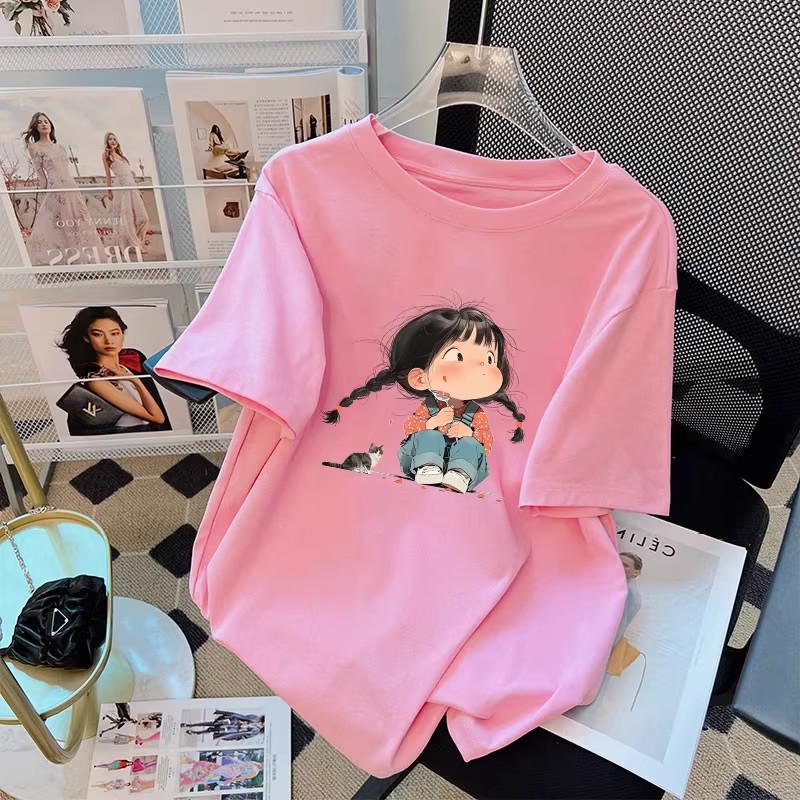2026 Cross Girl Cartoon Print Loose Plus Size Short Sleeve Women's T-shirt - New Summer Fashion