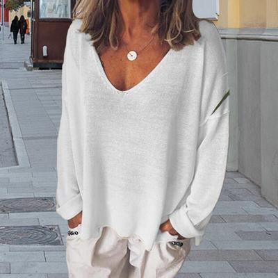Yousheng Women T-shirt V-Neck Long Sleeve Loose Fit Tee Shirt Solid Color Breathable Casual Pullover Tops Daily Wear