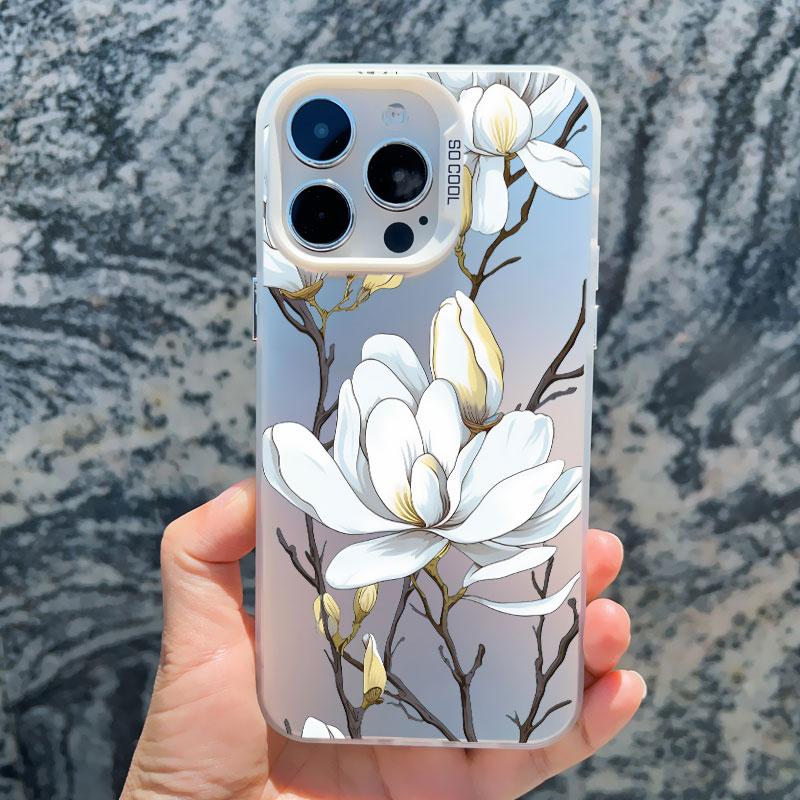 

White Magnolia Flower Phone Case For iPhone 16 14 Pro Max Plus 15 13 Mini 12 11 Pro Max Plum Blossom Shockproof Laser Covers iphone 13Mini