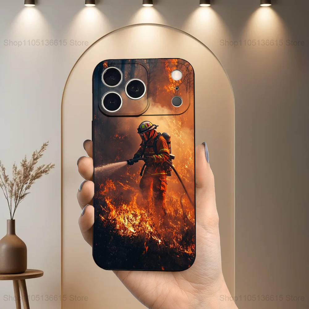 Fire Safety Firefighter Phone Case For iPhone 17,16,15,14,13,12,11 Plus,Pro Max,XS,X,XR,SE,Mini,8,7,Soft Silicone Black Cover