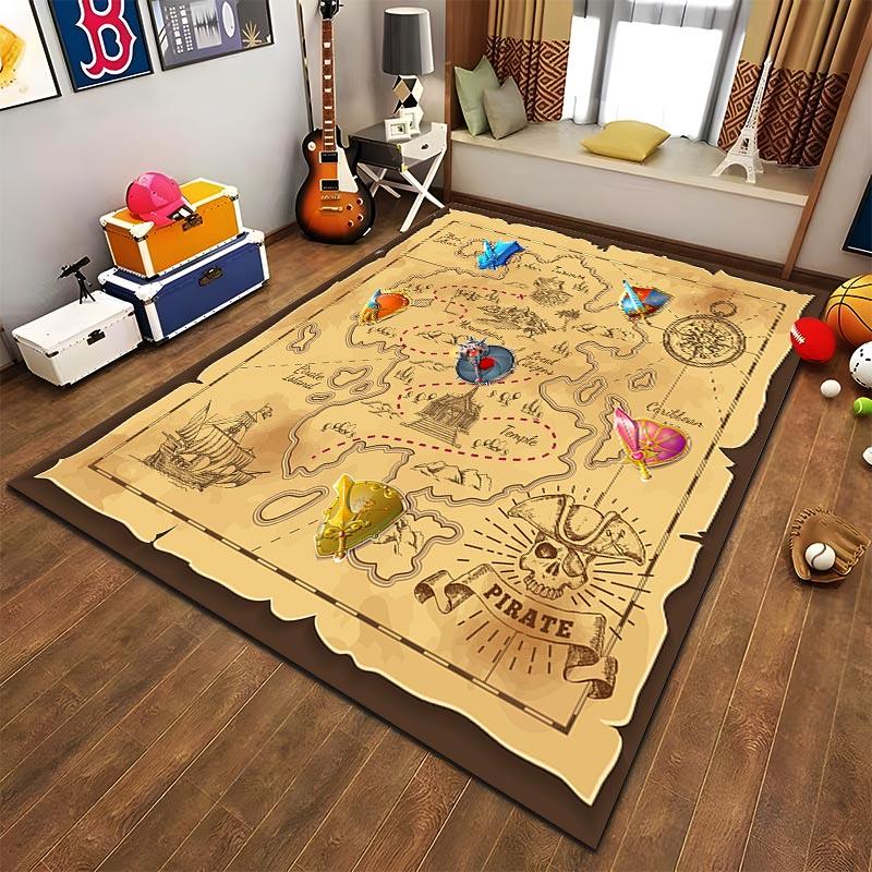 "Pirate Treasure Map Rug with Compass and Adventure Symbols Design" Suitable for use as an anti-slip for living room bedroom sofas