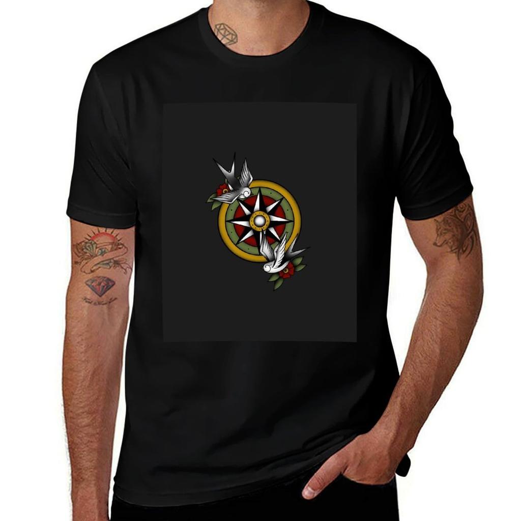 SWALLOW COMPASS TRADITIONAL TATTOO TShirt Plus Size Workout Short Sleeve Top