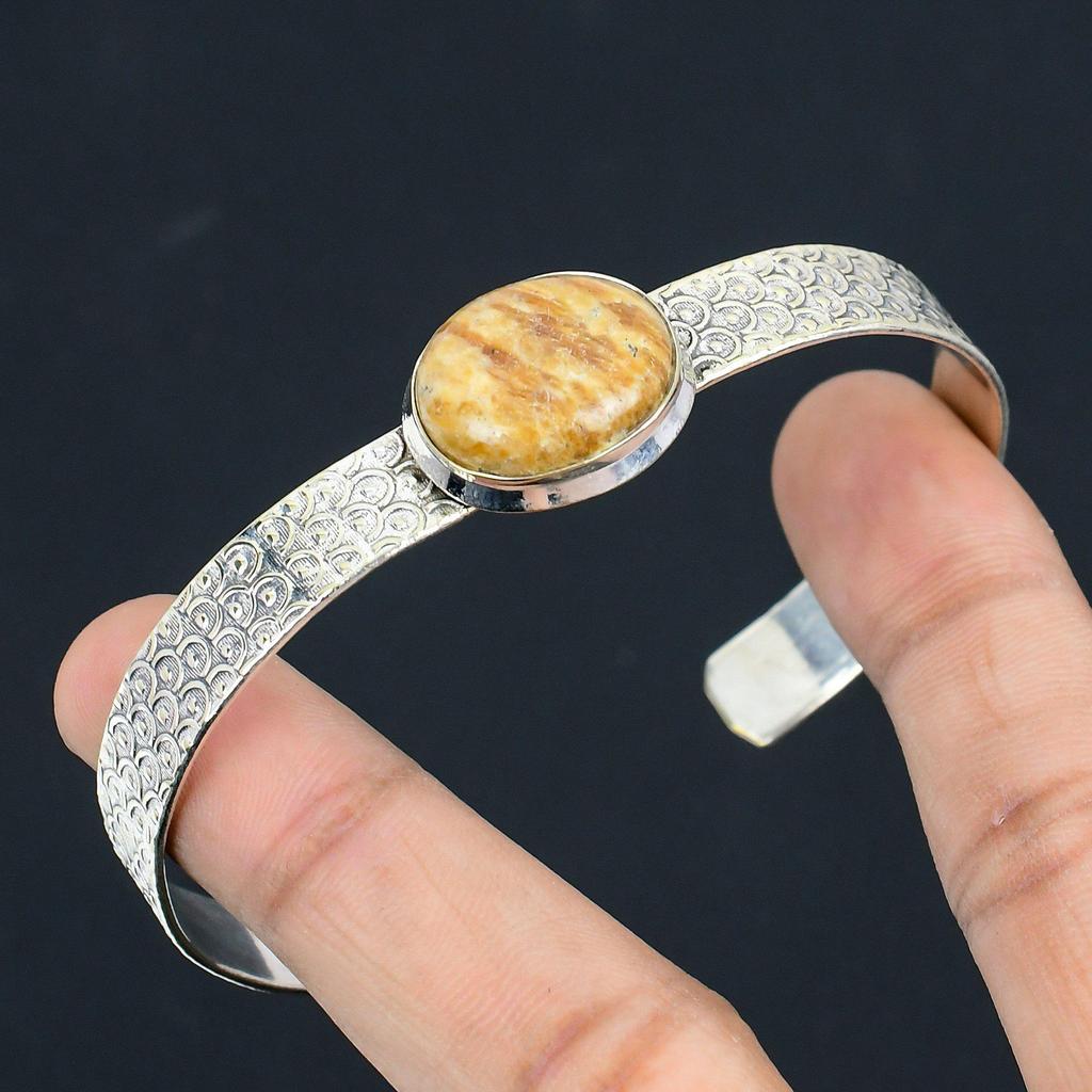 Natural Brown Amazonite Gemstone Bangle Adjustable 925 Sterling Silver Jewelry