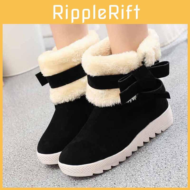 Women's Winter Boots Warm Fur Lined Casual Ankle Shoes With Sweet Bow Flats
