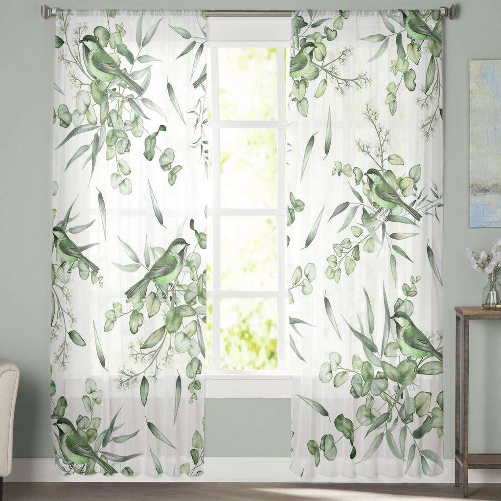Summer Plants Four Leaf Grass Green Leaf Watercolor Bedroom Curtains Tulle Sheer Curtain Living Room Home Decor Voile Drapes