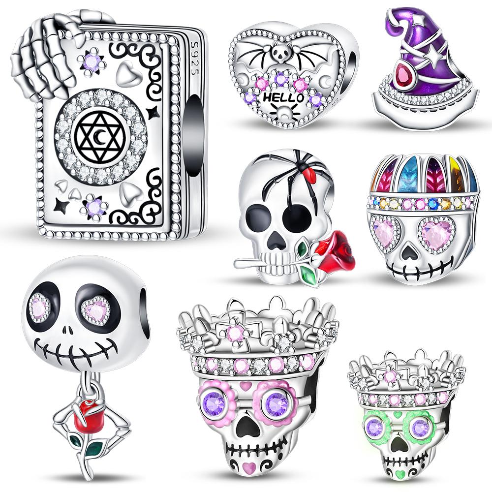 Kupfer Zauberbuch&Hexenhut&Krone Leuchtender Totenkopf Perlenanhänger Passend für Markenarmband Halloween Schmuck