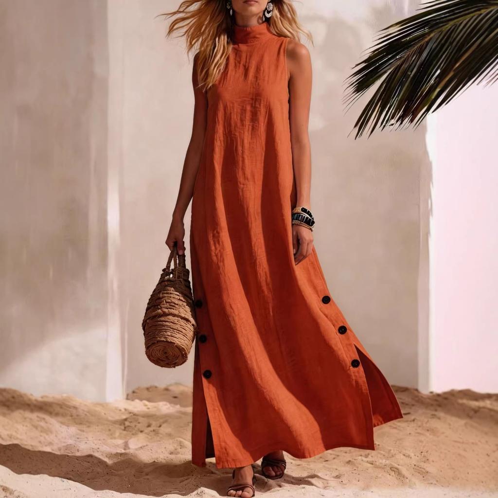 Vestido Largo sin Mangas de Cuello Alto para Mujer Abertura Lateral con Botones Color Sólido Casual Holgado
