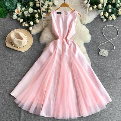 Summer New Sleeveless White Spliced Tulle Satin Maxi Dress Women‘s O Neck Slim Waist Ruched A Line Formal Wedding Evening Party Dress