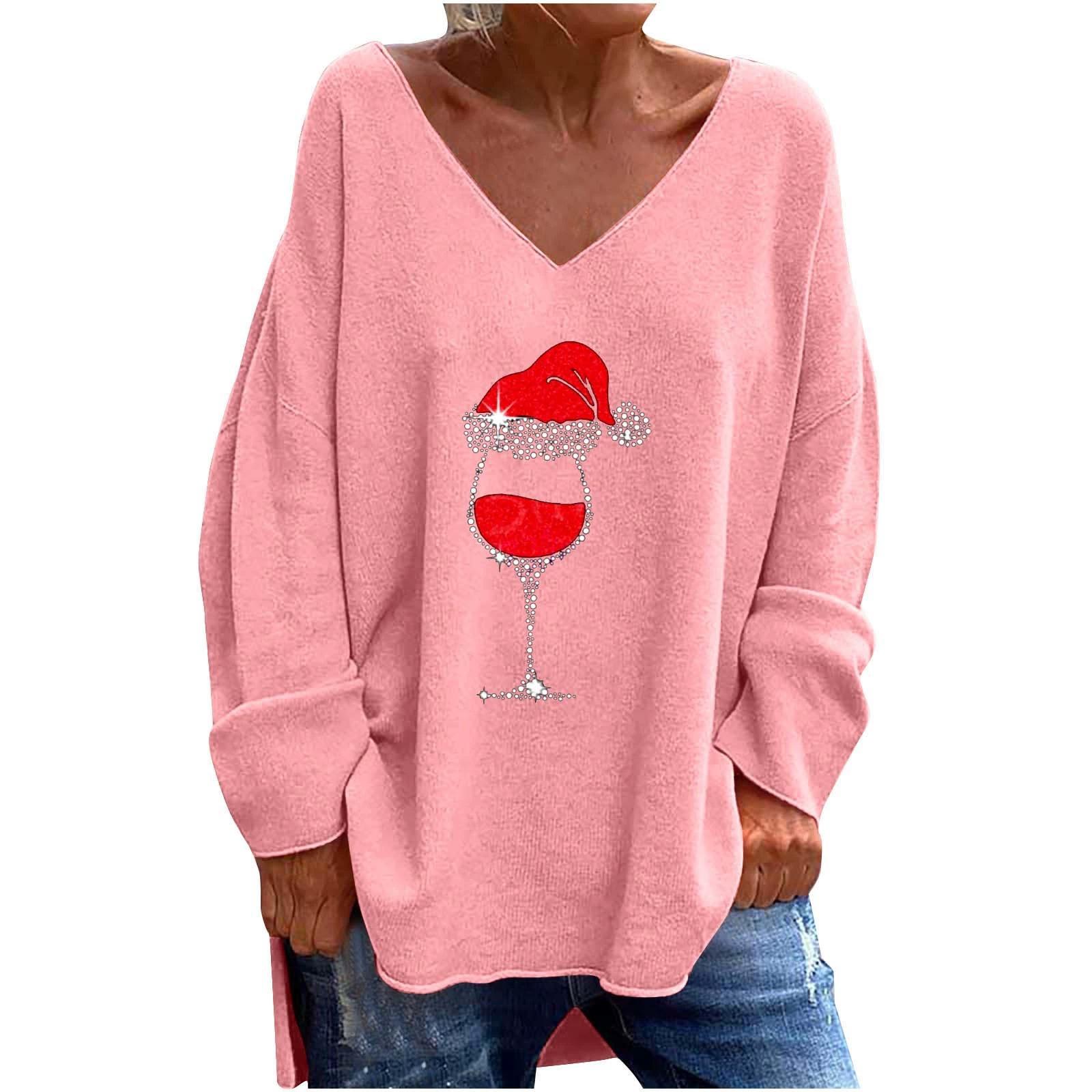 

GMXIA Autumn Winter Women s Solid Color V-neck Long Sleeve Loose Casual Comfortable T-shirt Top High Footed Cup Pattern XXL розовый