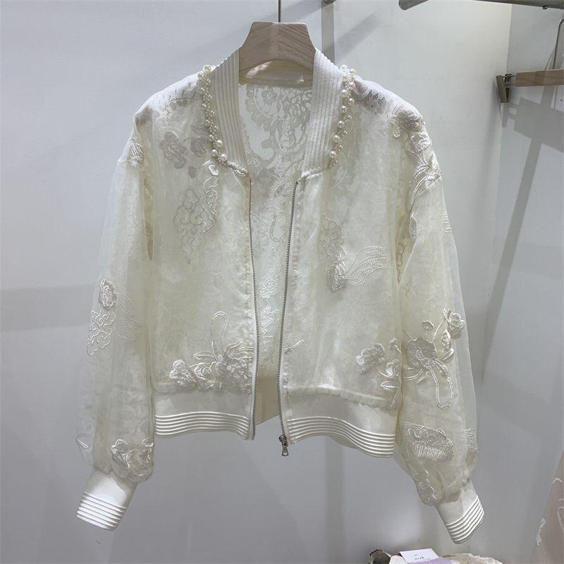 Summer Clothes Chinese Style High-End Nail Bead Embroidery Sun Protection Jacket Round Neck Design Baseball Jacket Top