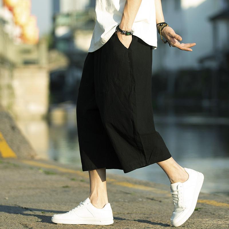 Men's Trendy Chinese-Style Wide-Leg Linen Shorts - Loose Fit, 7-Point, Summer.