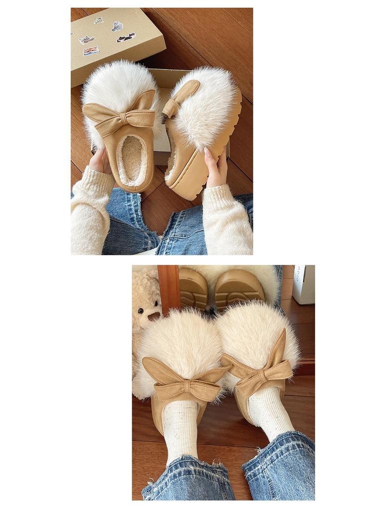 Women's Furry Bow Cotton Slippers: Thick-Soled, Velvet-Lined, Warm, Non-Slip for Autumn & Winter Indoors