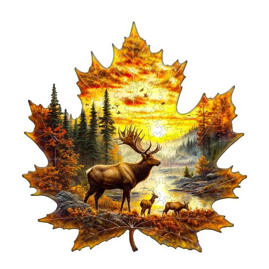 1 Set Animal Maple Wooden Puzzle Elk Bear Wolf Horse Koala Fox Deer Fall Leaf Irregular Jigsaw Puzzle Decoration Educational Toy