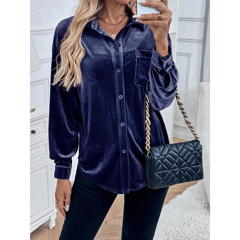 Damen Samt Button-Down Hemden Herbst Schick Lässig Vintage Oberteile V-Ausschnitt Raffinierte Blusen Langarm T-Shirts für Damen